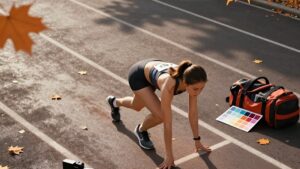 Спринтерша в стартовой позе при осеннем освещении для дизайна спортивных календарей от Олл Графика